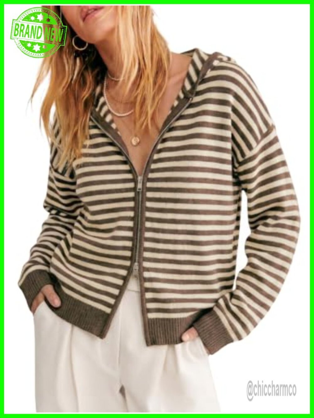 Womens Striped Hooded Zip Up Knit Long Sleeve Cardigan Sweater